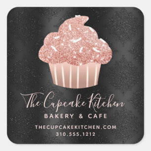 Rose Gold Glitter Cupcake Black Damask Bäckerei Ch Quadratischer Aufkleber