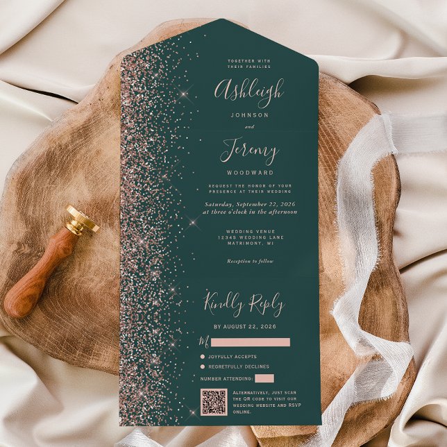 Rose Gold Glitter Dark Green QR Code Wedding All In One Einladung (Von Creator hochgeladen)