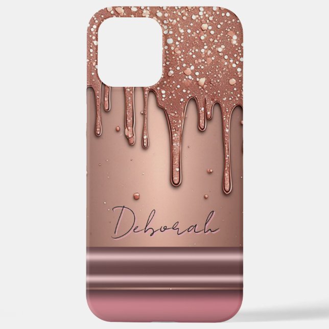 Rose Gold Glitter Drip Custom Name Monogram iPhone 12 Pro Max Hülle (Rückseite)