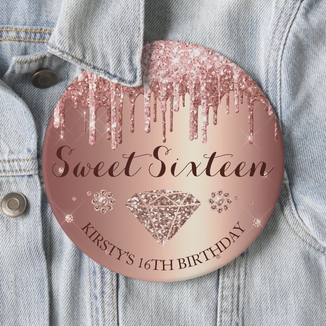 Rose Gold Glitter Drip Diamond Sweet Sixteen Button (Beispiel)