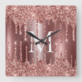 Rose Gold Glitter Drips Monogram Personalized Quadratische Wanduhr