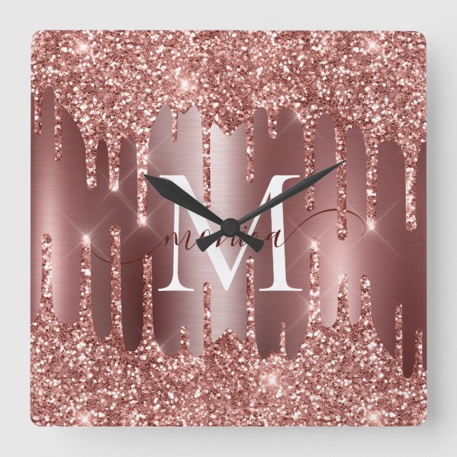 Rose Gold Glitter Drips Monogram Personalized Quadratische Wanduhr (Vorderseite)