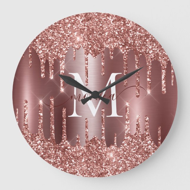 Rose Gold Glitter Drips Monogram Personalized Wall Große Wanduhr (Vorderseite)