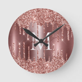 Rose Gold Glitter Drips Monogram Personalized Wall Runde Wanduhr