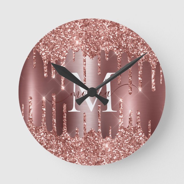 Rose Gold Glitter Drips Monogram Personalized Wall Runde Wanduhr (Vorderseite)