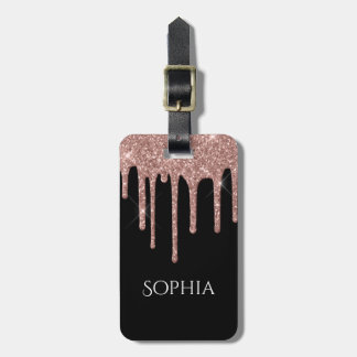 Rose Gold Glitter Drips, Name & Info on Black Gepäckanhänger