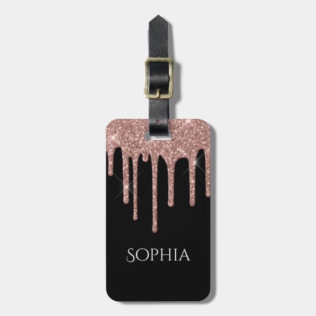Rose Gold Glitter Drips, Name & Info on Black Gepäckanhänger (Vorderseite vertikal)