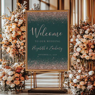 Rose Gold Glitter Dunkelgrüne Hochzeitsbegrüßung Poster