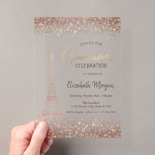 Rose Gold Glitter Eiffel Konfetti Quinceañera  Acryleinladungen