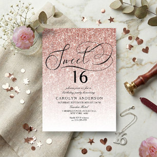Rose Gold Glitter Elegantes Skript Sweet 16 Geburt Einladung