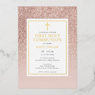 Rose Gold Glitter Erste Heilige Kommunion Gold Folieneinladung