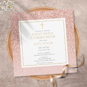 Rose Gold Glitter Erste Heilige Kommunion Quadrat Einladung