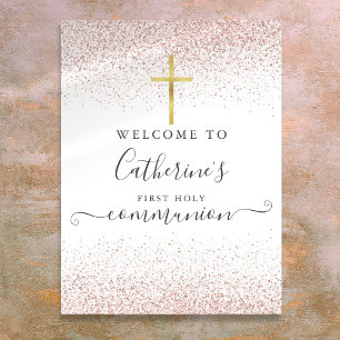 Rose Gold Glitter Erstkommunion Willkommensschild Poster