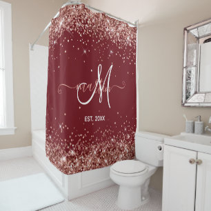 Rose Gold Glitter Familienmonogramm Burgund Duschvorhang