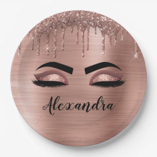 Rose Gold Glitter Glanz Wimpern Monogramm Name Pappteller