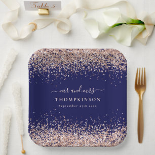 Rose Gold Glitter Herr Frau Name Navy Blush Hochze Pappteller