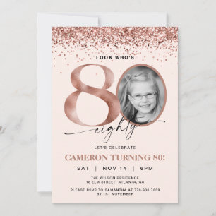 Rose Gold Glitter Konfetti Foto 80. Geburtstag Einladung