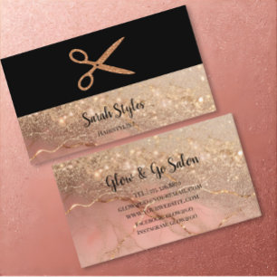 Rose Gold Glitter Marmor & Schwarzer Haarstylist Visitenkarte
