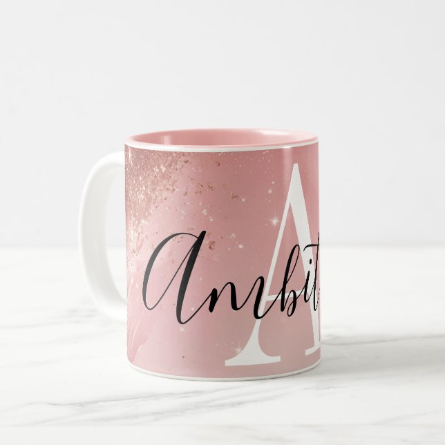 Rose Gold Glitter Monogram Mug – Personalized Name Zweifarbige Tasse (Vorderseite Links)