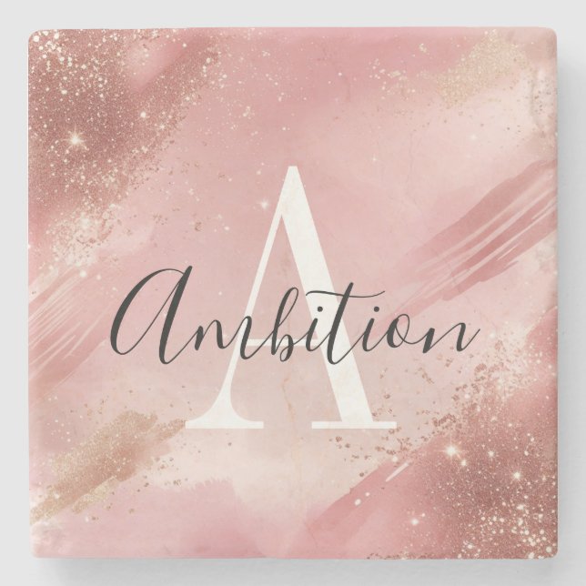 Rose Gold Glitter Monogram Stone Coaster – Custom  Steinuntersetzer (Vorderseite)