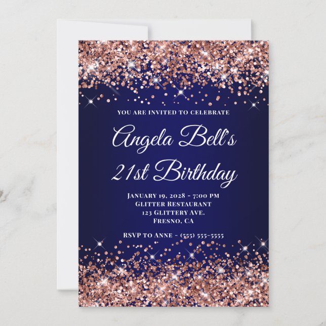 Rose Gold Glitter Navy Blue Ombre 21st Birthday Einladung (Vorderseite)