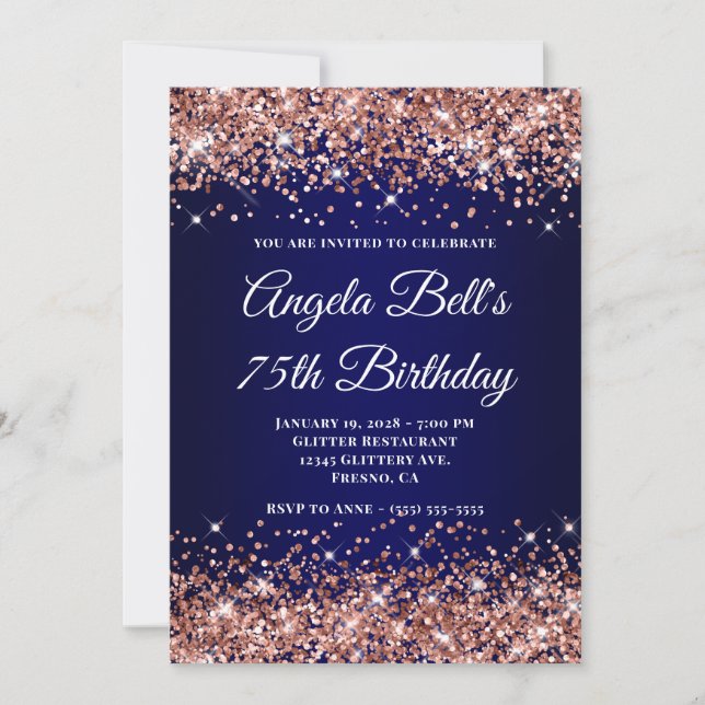 Rose Gold Glitter Navy Blue Ombre 75th Birthday Einladung (Vorderseite)