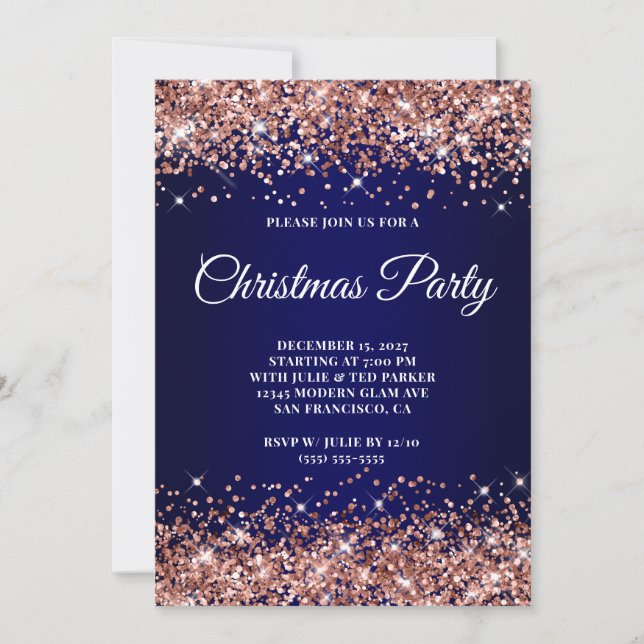 Rose Gold Glitter Navy Blue Ombre Christmas Party Einladung (Vorderseite)