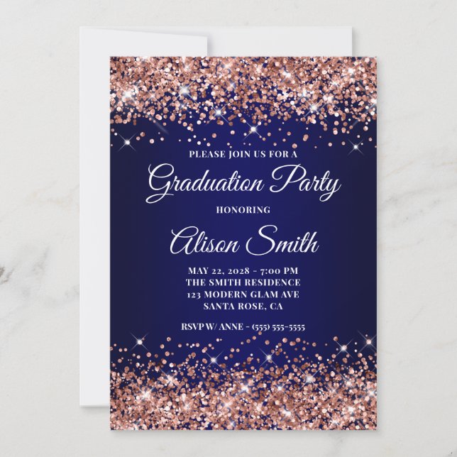 Rose Gold Glitter Navy Blue Ombre Graduation Party Einladung (Vorderseite)