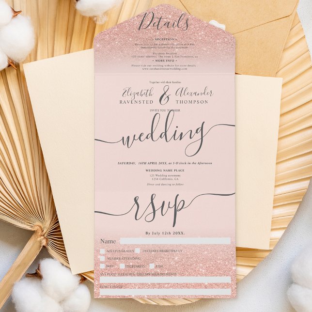 Rose gold glitter ombre blush pink script wedding all in one einladung (Von Creator hochgeladen)