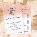 Rose gold glitter prices logo marble We're open Flyer<br><div class="desc">Tell your customer about your new re-opening with new safety measures...  with this rose gold glitter ombre on chic white marble ,  add your logo and add your prices lists and services at the back</div>