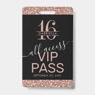 Rose Gold Glitter Schwarz Sweet 16 Einladung VIP Ausweis