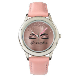 Rose Gold Glitter Sparkle Eyelashes Monogram Name Armbanduhr