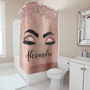 Rose Gold Glitter Sparkle Eyelashes Monogram Name Duschvorhang