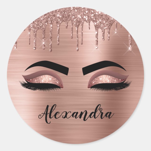 Rose Gold Glitter Sparkle Eyelashes Monogram Name Runder Aufkleber (Vorderseite)