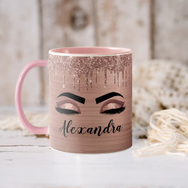 Rose Gold Glitter Sparkle Eyelashes Monogram Name Zweifarbige Tasse