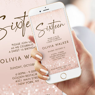 Rose Gold Glitter Sweet 16 Geburtstags-Mobil-Einla Ankündigung