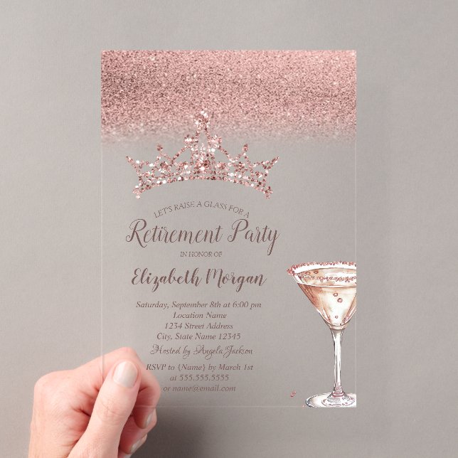 Rose Gold Glitter Tiara Martini Glass Retirement  Acryleinladungen (Insitu (Handheld))