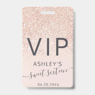 Rose-Gold-Glitter-Typografie-Blush Sweet 16 VIP Ausweis