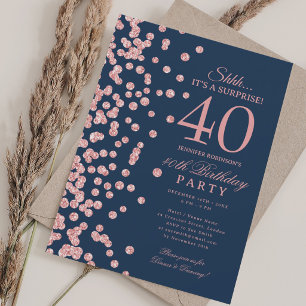 Rose Gold Glitter Überraschung 40. Geburtstag Navy Einladung