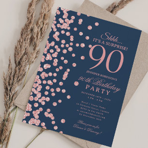 Rose Gold Glitter Überraschung 90. Geburtstag Navy Einladung