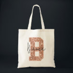 Rose Gold Glitter Varsity Letter Monogram B Tragetasche<br><div class="desc">Beautiful and modern, this rose gold glitter college letter B is the perfect backdrop for adding your name in trendy script font for a custom design. Perfect for varsity sports, sorority big sister gift, or as a bridal party favor she will cherish forever. Glitter detail is a digitally simulated effect....</div>
