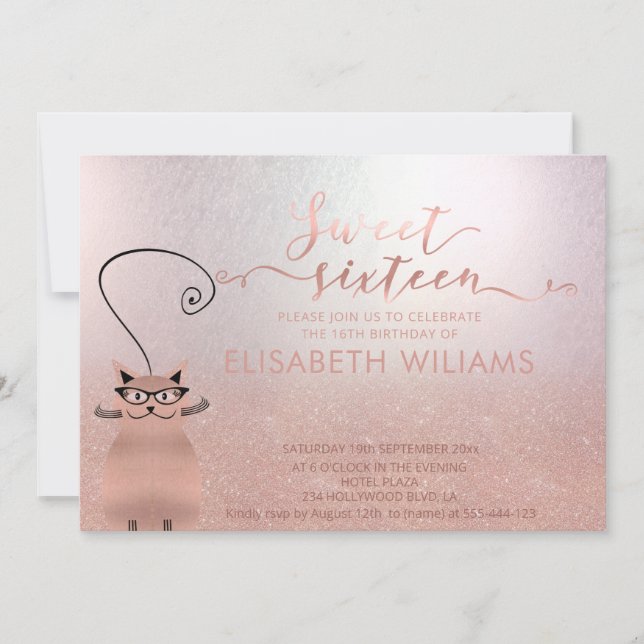 Rose gold glitterombre kalligraphie lustige Katze Einladung (Vorderseite)