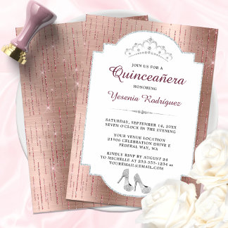 Rose Gold Glitz Diamant Tiara Quinceañera Einladung