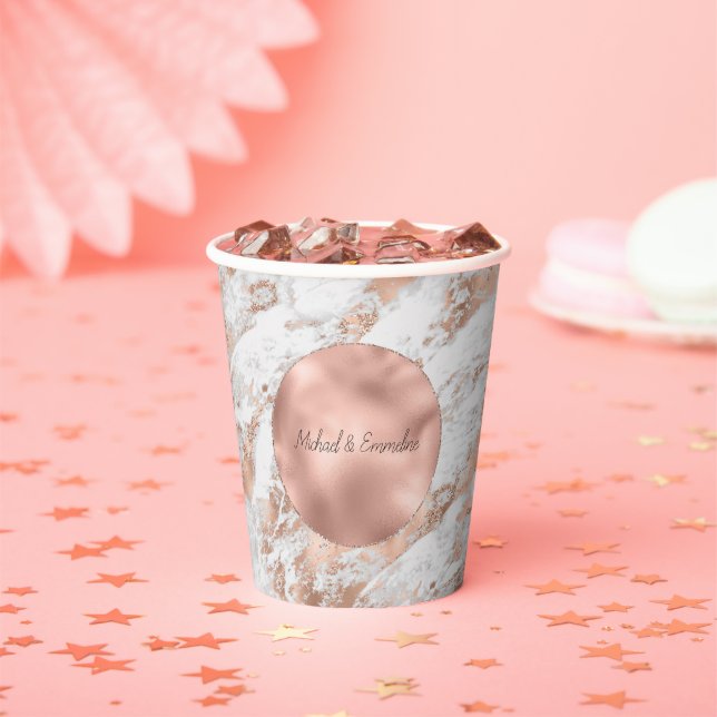 Rose Gold Glitz White Marble Wedding Pappbecher (Insitu)