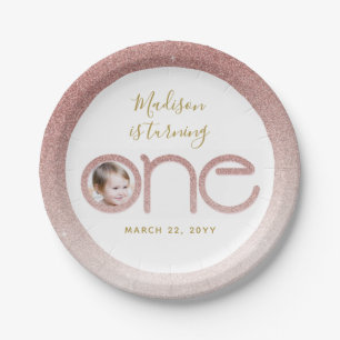 Rose Gold Glitzer 1. Geburtstag Girl Blush Pink Pappteller