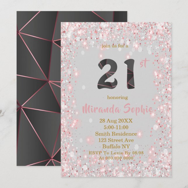 Rose Gold Glitzer 21. Geburtstag Einladungen (Vorne/Hinten)