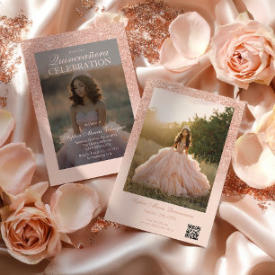 Rose Gold Glitzer 2 Fotos Qr blush Quinceañera Einladung