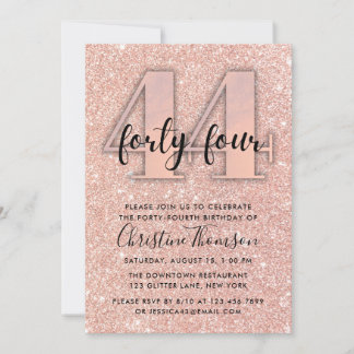 Rose Gold Glitzer 44. Geburtstag Einladung