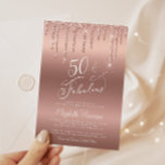 Rose Gold Glitzer 50. Geburtstagsparty Einladung<br><div class="desc">Elegante und schicke 50. Geburtstagsfeier mit "50 & Fabulous" geschrieben in stilvollem Weiß-Drehbuch,  eine Rose Gold Hintergrund und Rose Gold Imitate Glitzer Tropfen. Sie können mit ihrem Namen und den Party-Details personalisieren.</div>