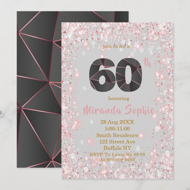 Rose Gold Glitzer 60. Geburtstag Einladungen (Vorne/Hinten)